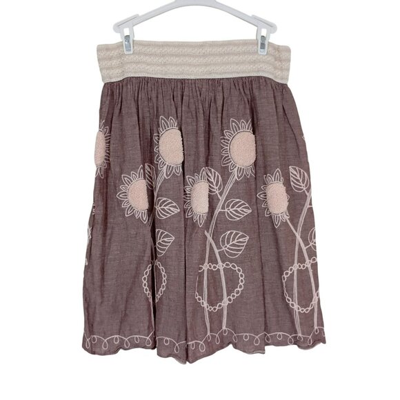 Sunflower Skirt Size L Embroidered Pink & Beige 100% Cotton Smocked Waist Women - Picture 6 of 9